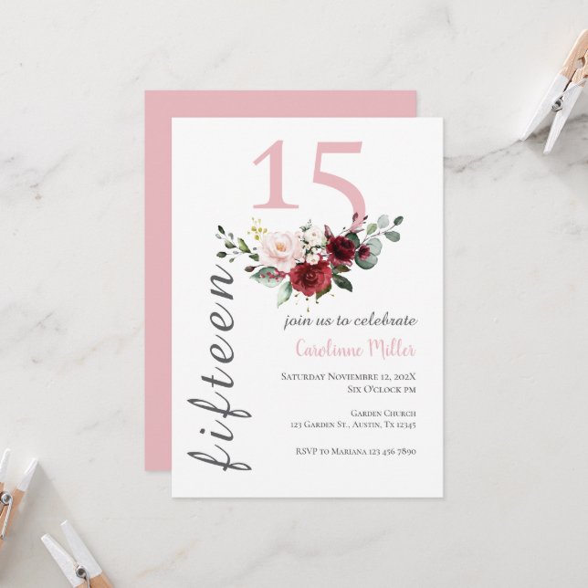 Einladung von Pink Floral Quinceñera (Vorderseite/Rückseite Beispiel)