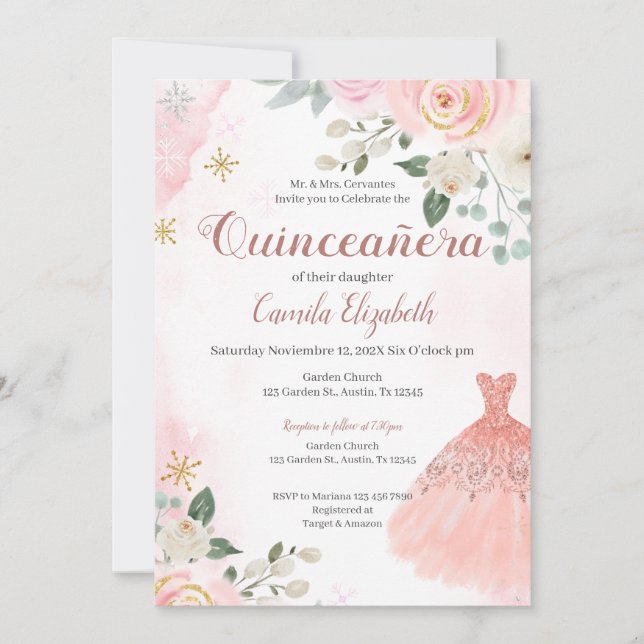 Einladung von Pink Floral Quinceñera (Vorderseite)