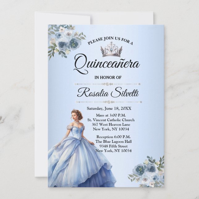Einladung von Quinceanera Dusty Blue und Silver (Vorderseite)