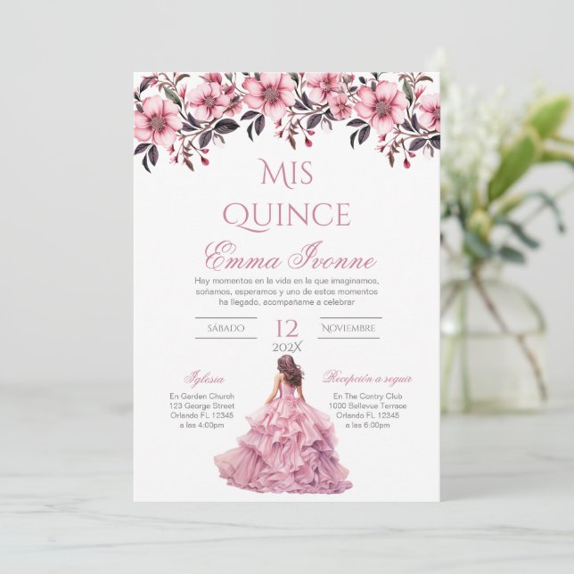 Einladung von Quinceñera in Spanisch Rosa (Stehend Vorderseite)