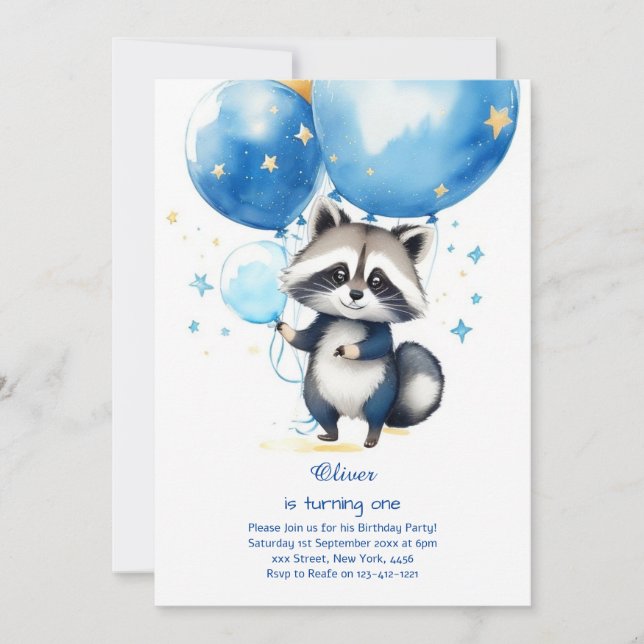 Einladung von Raccoon zum ersten Geburtstag (Vorderseite)