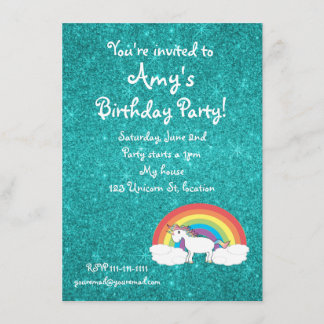Einladung von Rainbow-Unicorn-Türkis-Glitzer