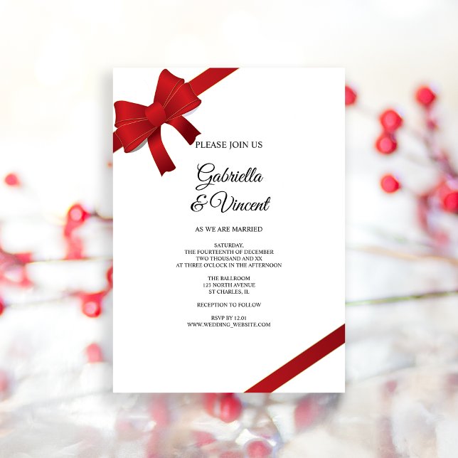 Einladung von Red Bows Winter Wedding (Invite guests to your wintery marriage with the festive Red Bows Winter Wedding Invitation.)