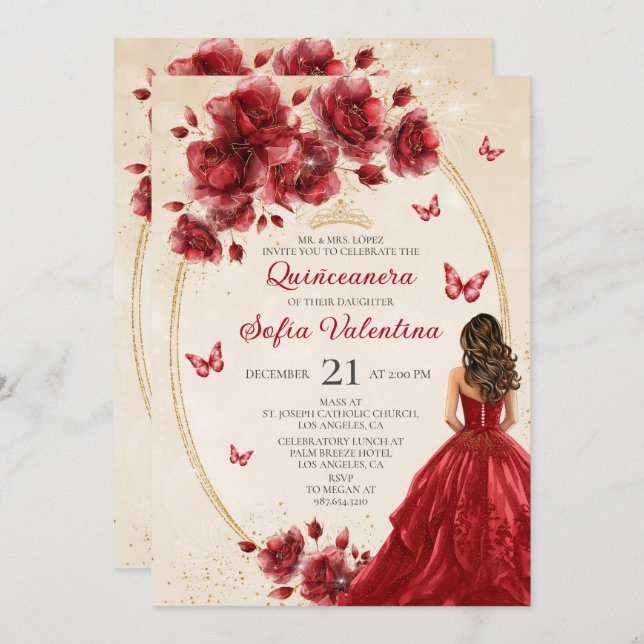 Einladung von Red & Gold Quinceañera (Vorne/Hinten)