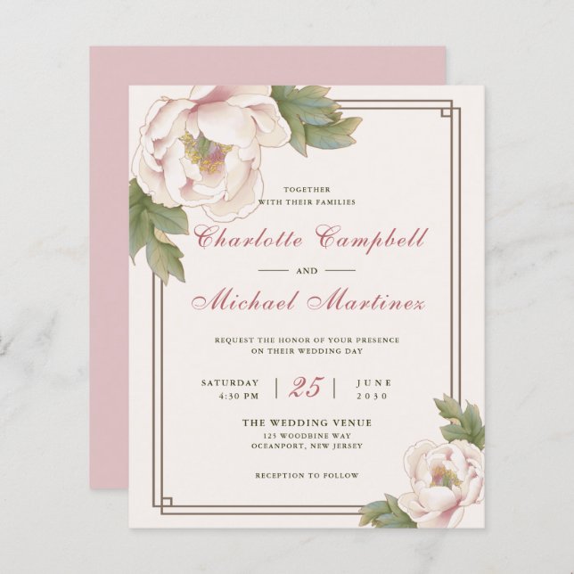 Einladung von Retro Blush Peony Floral Wedding (Vorne/Hinten)