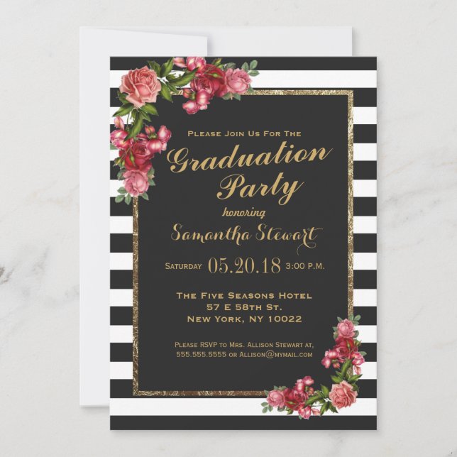Einladung von Rose Stripes and Gold Graduation Par (Vorderseite)