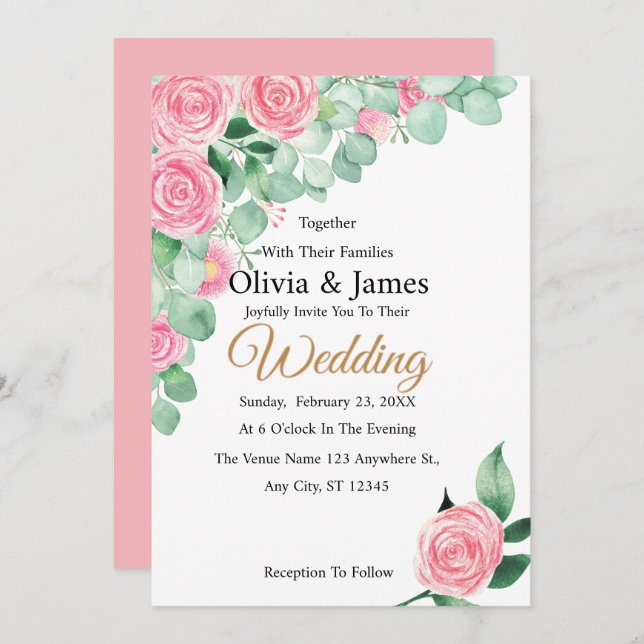 Einladung von Rose und Eukalyptus (Vorne/Hinten)