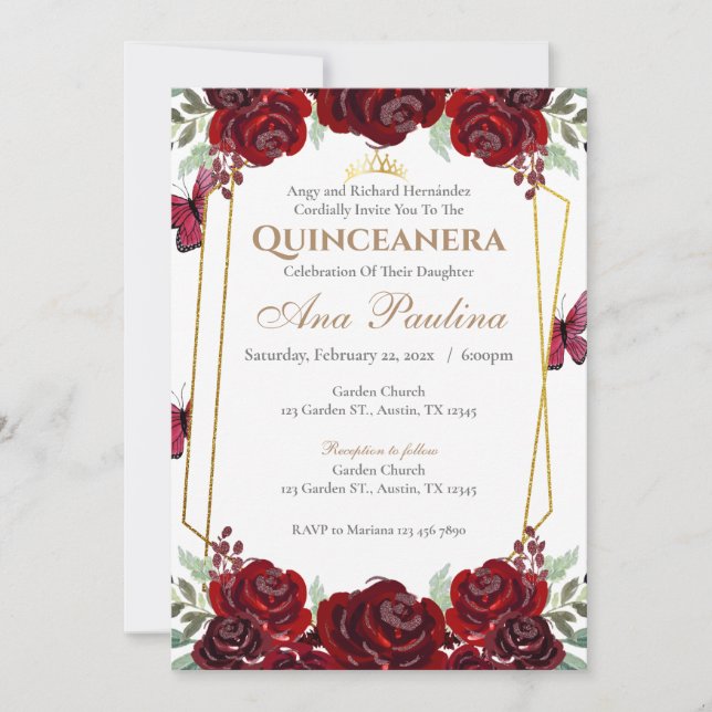 Einladung von Roter Flora Quinceañera (Vorderseite)