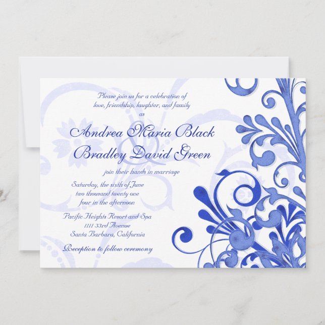 Einladung von Royal Blue and White Floral Wedding (Vorderseite)