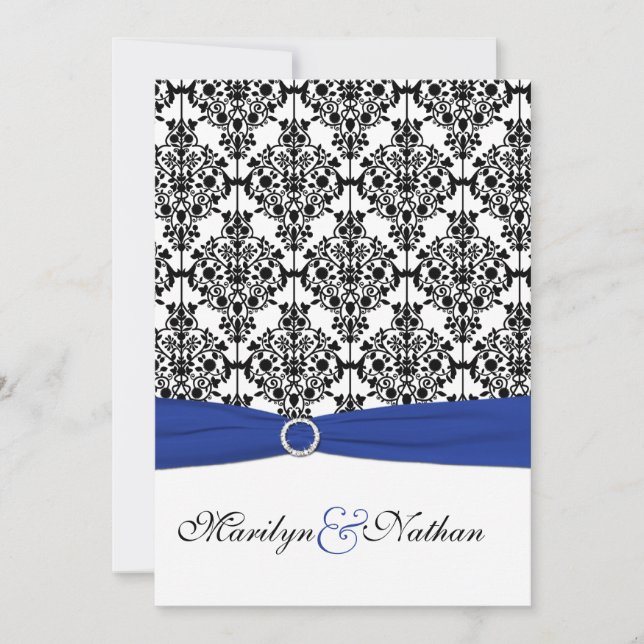 Einladung von Royal Blue, White, Black Damask Hoch (Vorderseite)
