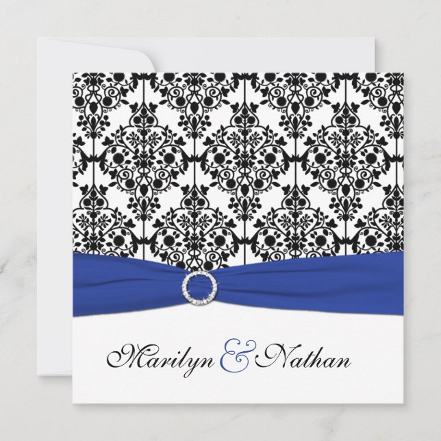 Einladung von Royal Blue, White, Black Damask Hoch (Vorderseite)