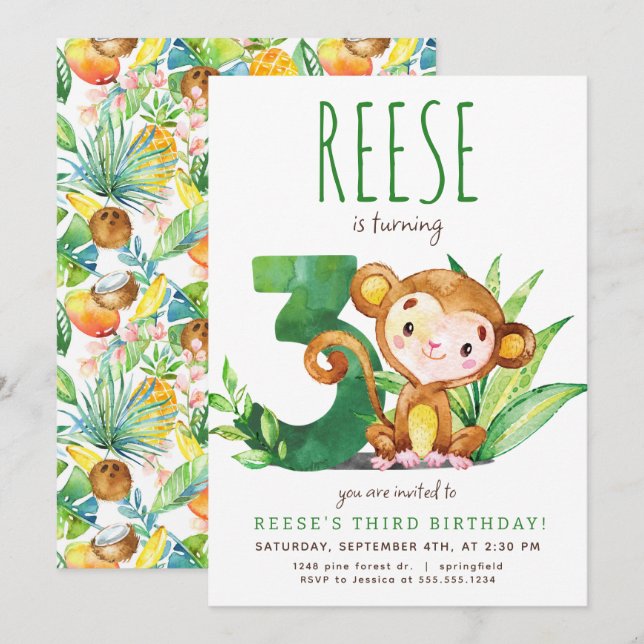 Einladung von Safari Monkey zum dritten Geburtstag (Vorne/Hinten)