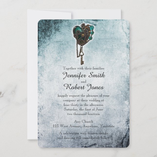 Einladung von Steampunk Aquamarin Heart Wedding (Vorderseite)