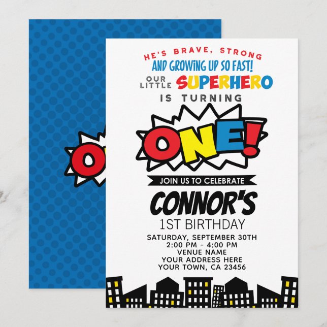 Einladung von Superhero zum 1. Geburtstag (Vorne/Hinten)