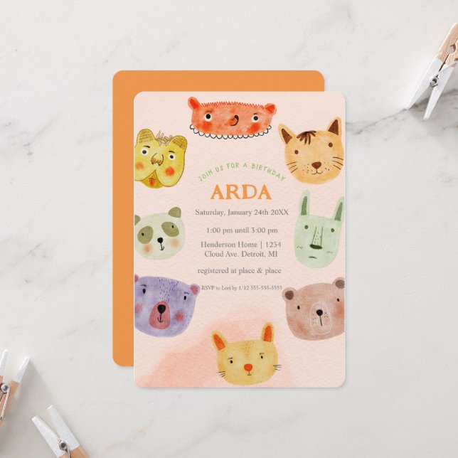 Einladung von Tieren zum Geburtstag (Vorderseite/Rückseite Beispiel)
