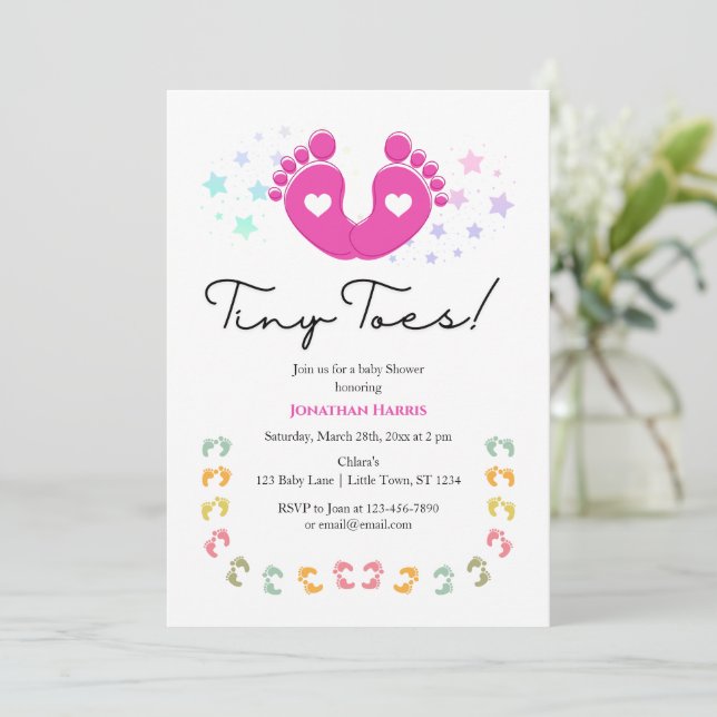 Einladung von Tiny Toes Baby Dusche (Stehend Vorderseite)