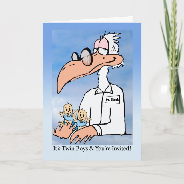 Einladung von Twin Baby Boys Dusche, Dr. Stork (Vorderseite)