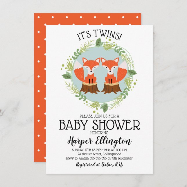 Einladung von Twin Fox Baby Shower (Vorne/Hinten)