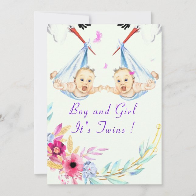 Einladung von Twins Boy and Girl Stork Baby Shower (Rückseite)