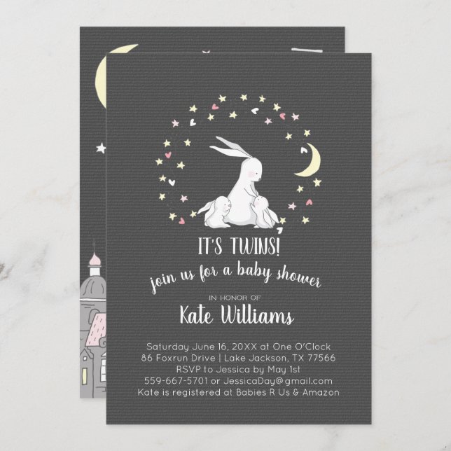 Einladung von Twins Little Bunny Baby Shower (Vorne/Hinten)