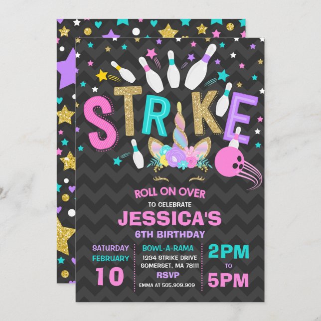 Einladung von Unicorn Bowling Bowling Birthday Par (Vorne/Hinten)