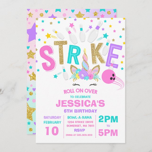 Einladung von Unicorn Bowling Bowling Birthday Par (Vorne/Hinten)