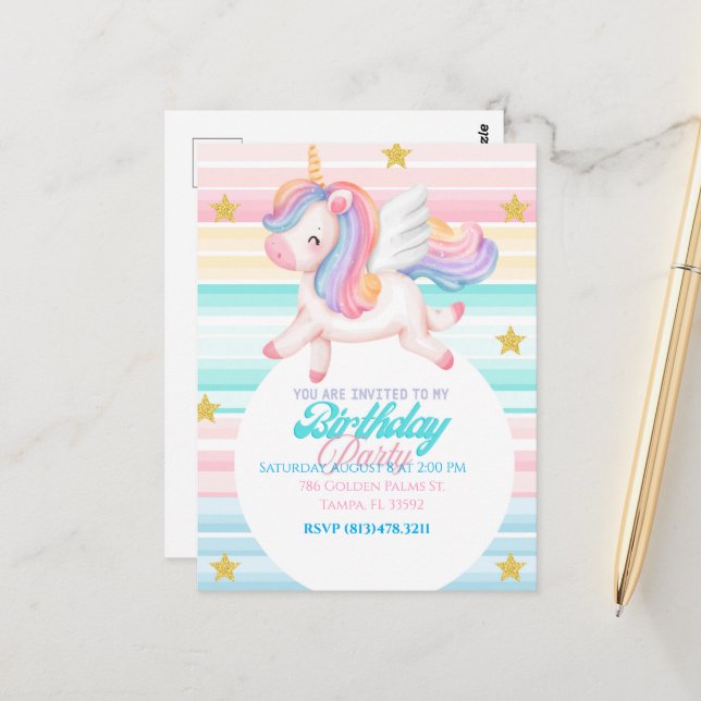 Einladung von Unicorn Kindergeburtstag Postkarte (Vorderseite/Rückseite Beispiel)