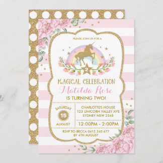 Einladung von Unicorn Rainbow Pink Gold Floral Ein