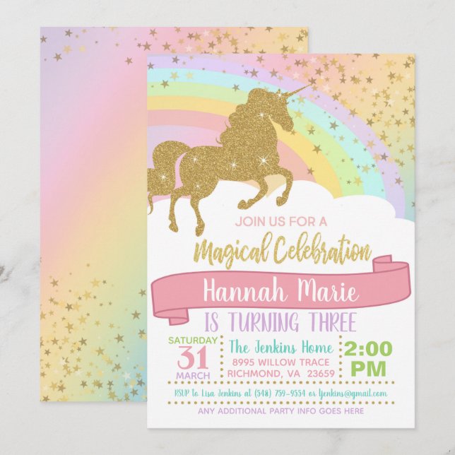 Einladung von Unicorn - Über den Regenbogen und di (Vorne/Hinten)