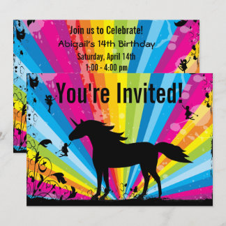 Einladung von Unicorn und Fairies Rainbow zum Gebu