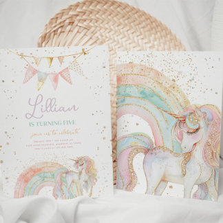 Einladung von Unicorn und Rainbow Pastel zum Gebur