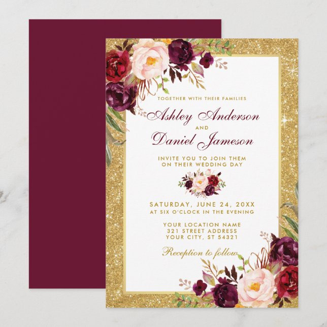 Einladung von Wedding Burgundy Floral Gold Glitzer (Vorne/Hinten)