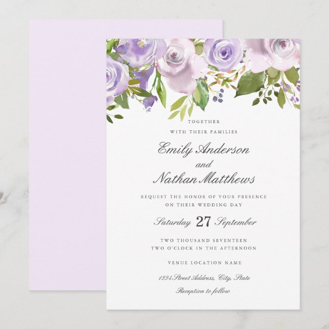 Einladung von Wedding Lilac Lila Watercolor (Vorne/Hinten)