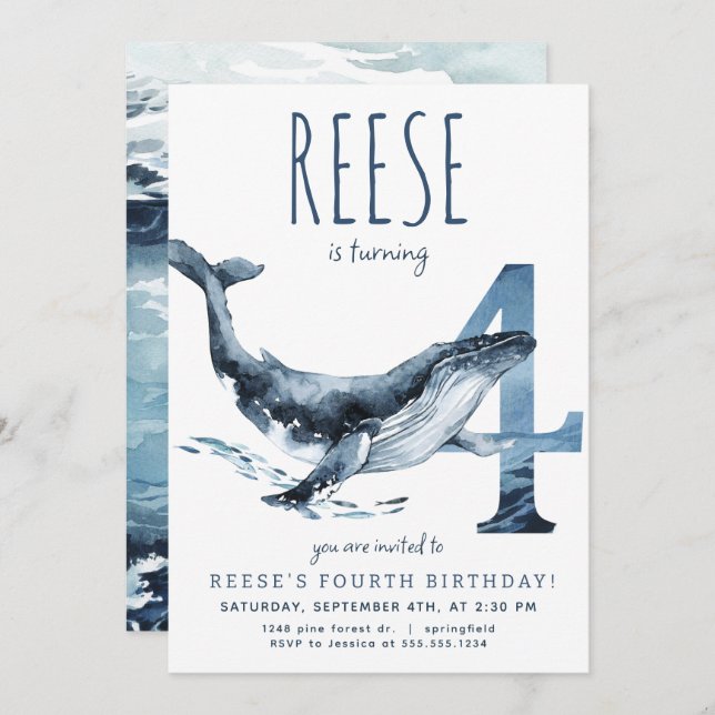Einladung von Whale zum vierten Geburtstag (Vorne/Hinten)