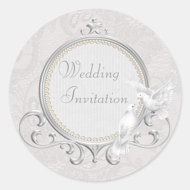Einladung von White Doves & Paisley Lace Hochzeit Runder Aufkleber (Vorderseite)