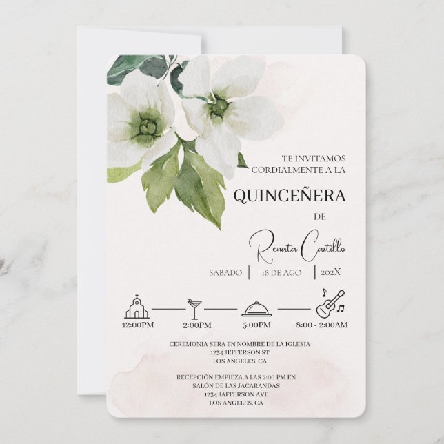 Einladung von White Floral Spanish quinceañera (Vorderseite)