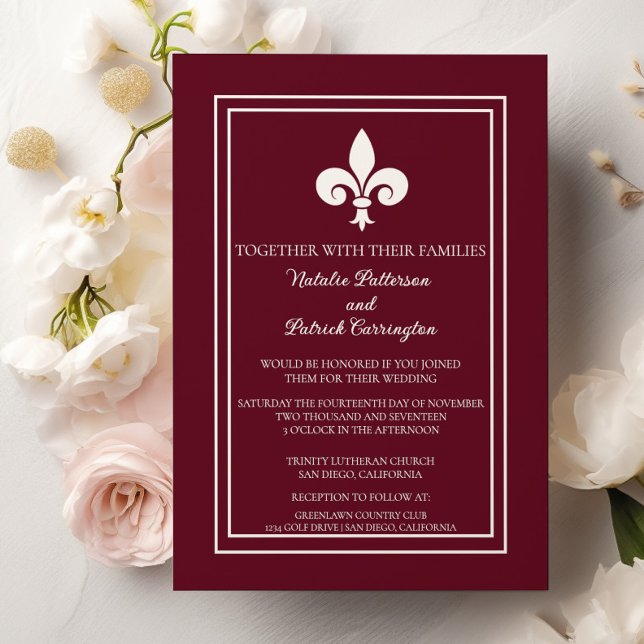 Einladung von Wine Red Lilie Hochzeit (Wine Red Fleur de Lis Wedding Invitation)