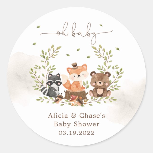 Einladung von Woodland Animals Baby Boy Shower Runder Aufkleber (Vorderseite)