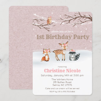Einladung von Woodland Animals Girl 1. Geburtstag