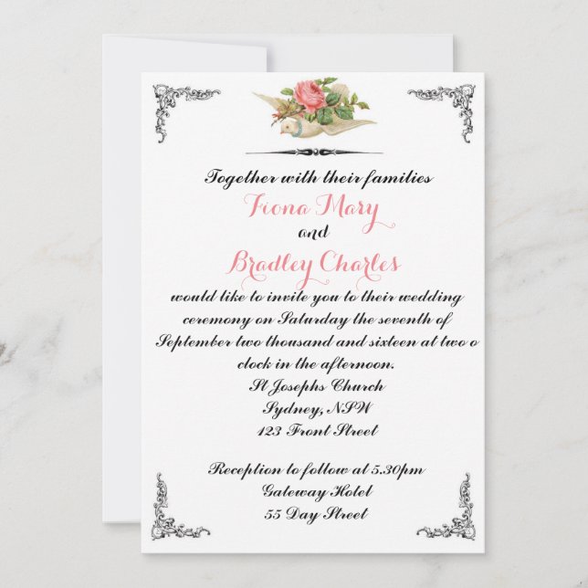 Einladung von zwei Doves zur Hochzeit Vintag (Vorderseite)