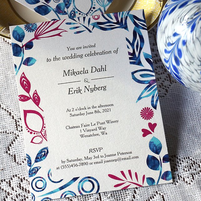Einladung zu Crystal Blue und Deep Pink Hochzeit (Magenta & Blue Leaves & Flowers Decorative Border Wedding Invitation)
