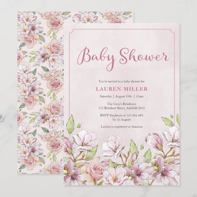 Einladung zu einer Pink Floral Baby Dusche (Vorne/Hinten)