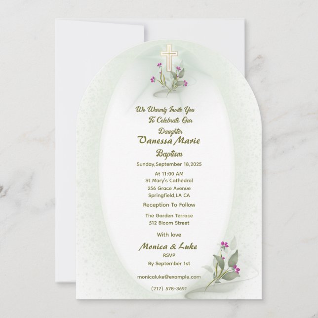 Einladung zu grün und weiß blühenden Taufen (Vorderseite)