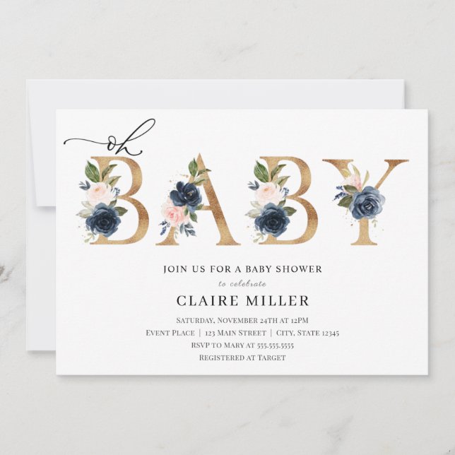 Einladung zu Navy and Blush Oh Baby Dusche (Vorderseite)