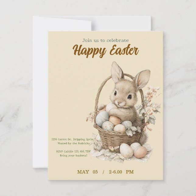 Einladung zu Ostern mit süßem Kaninchen (Vorderseite)