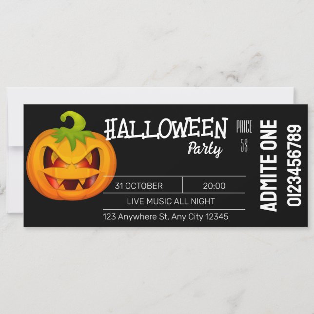 Einladung zu Schwarz-weißen Halloween-Tickets (Vorderseite)