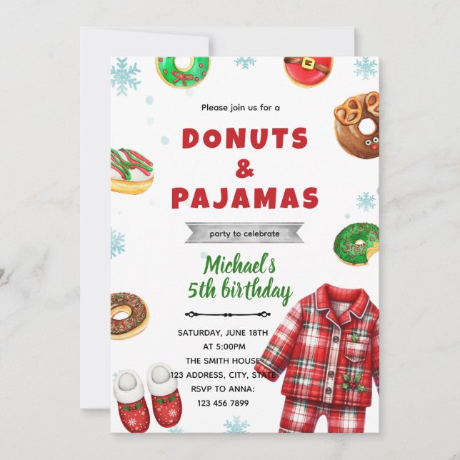 Einladung zu Weihnachts-Pyjama-Donuts (Vorderseite)