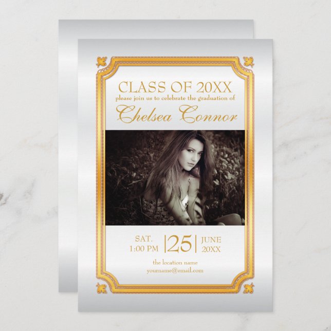 Einladung zu White Satin und Gold Graduate (Vorne/Hinten)