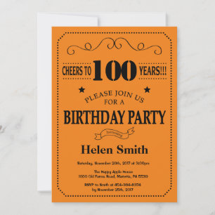 Einladung zum 100. Geburtstag in Schwarz und Orang