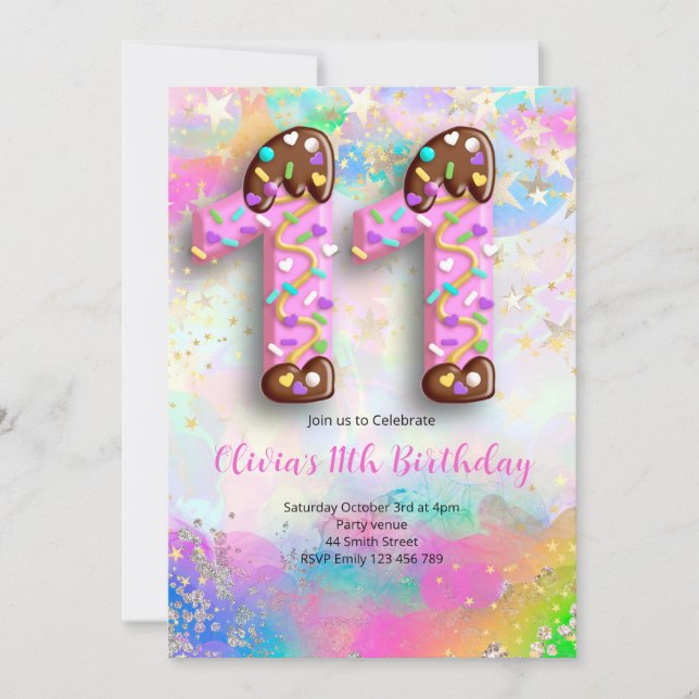 Einladung zum 11. Geburtstag für Mädchen (Vorderseite)
